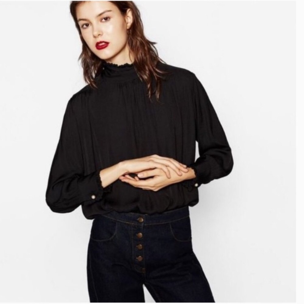 Zara Black Satin High Neck Blouse
